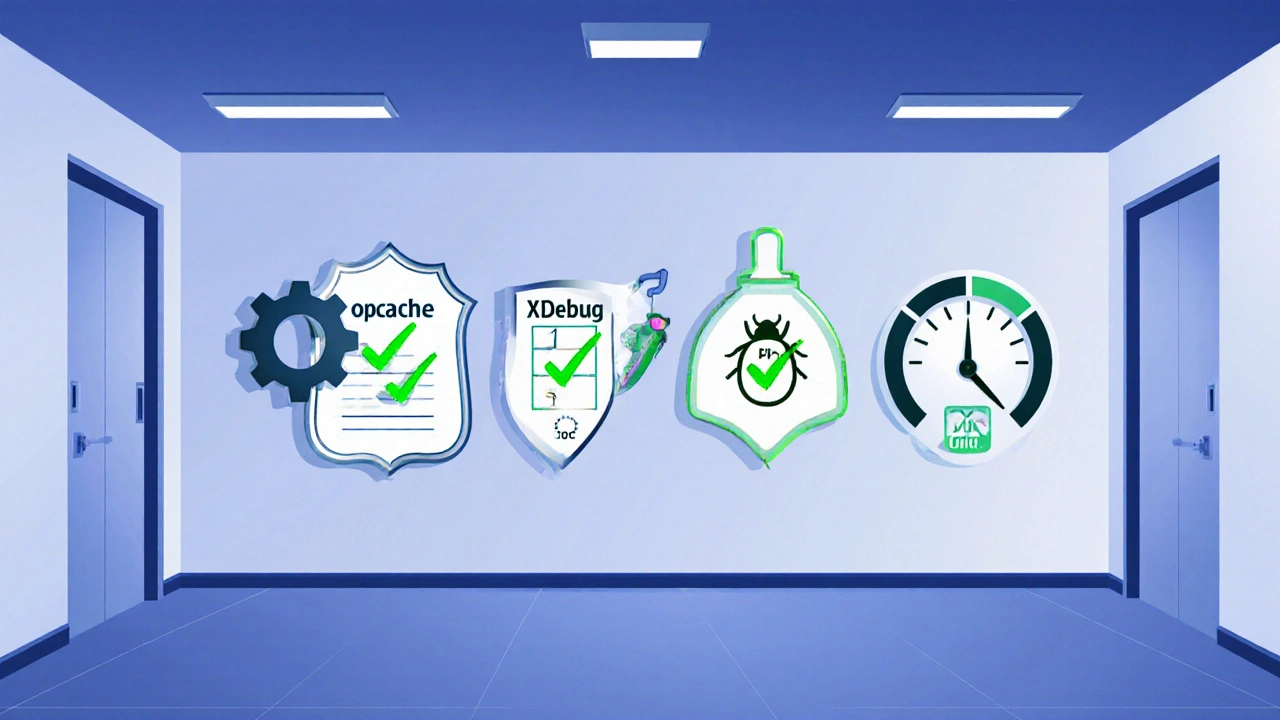 Checklist wall showing OPcache, PDO, Xdebug, PHPUnit, and performance icons.