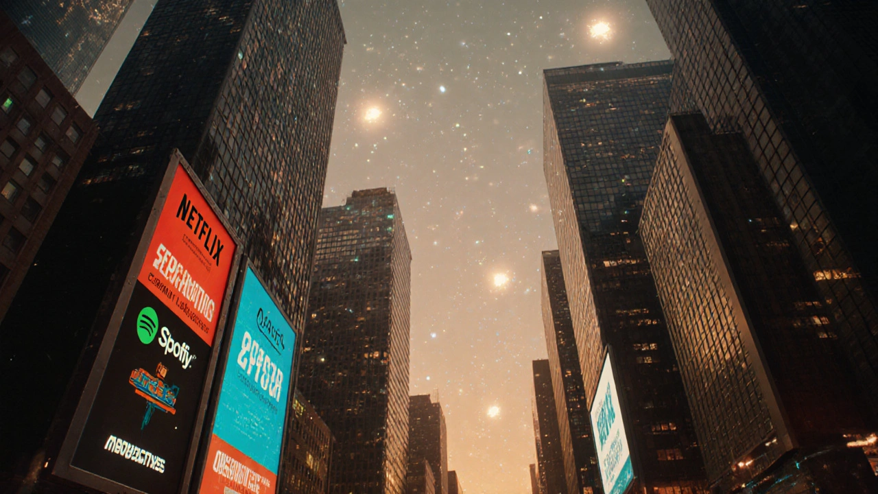 Cityscape with AI-driven services like Netflix and medical diagnostics powered by Python code.