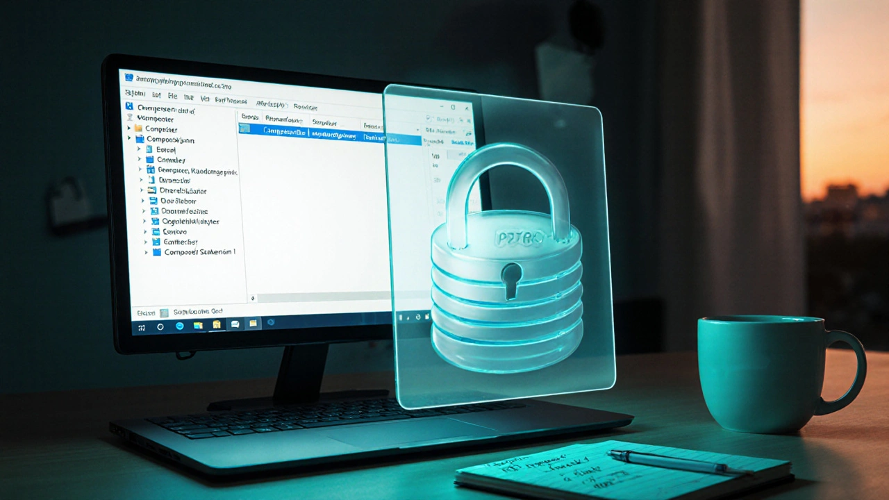Developer office with Composer terminal, folder view, and PDO lock graphic.