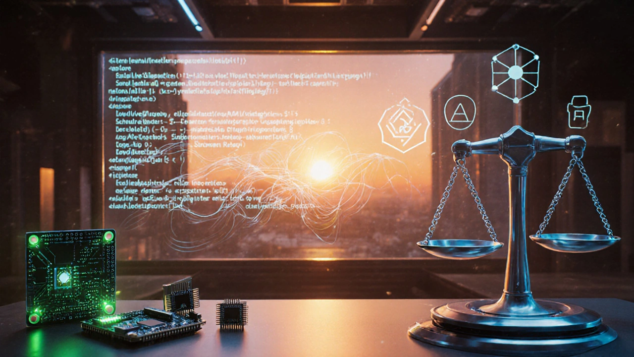 Futuristic AI lab showing generative code, edge devices, quantum circuit and ethical symbols.