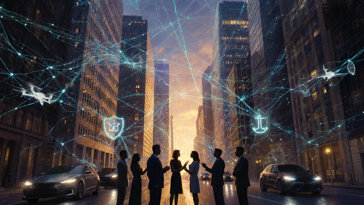 Futuristic city with neural network lights, people collaborating, and subtle safety symbols.