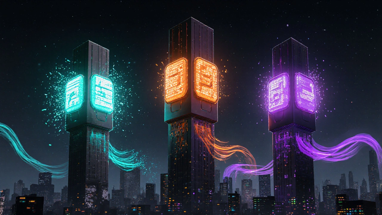 Futuristic engine towers with neon auras and abstract performance symbols.