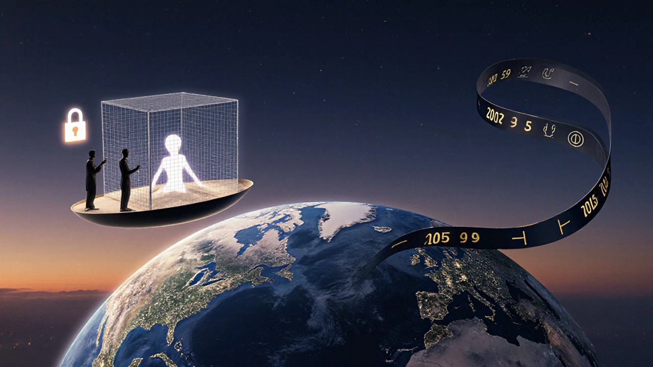 Globe with sandbox AGI, safety scales, and timeline ribbon illustrating future impact.