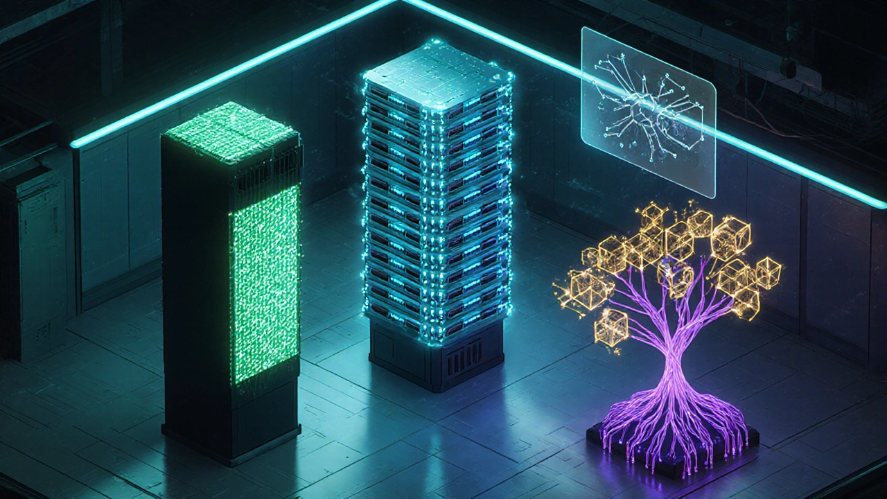 Isometric lab with three pillars representing brain chips, GPU farm, and symbolic‑neural hybrid.