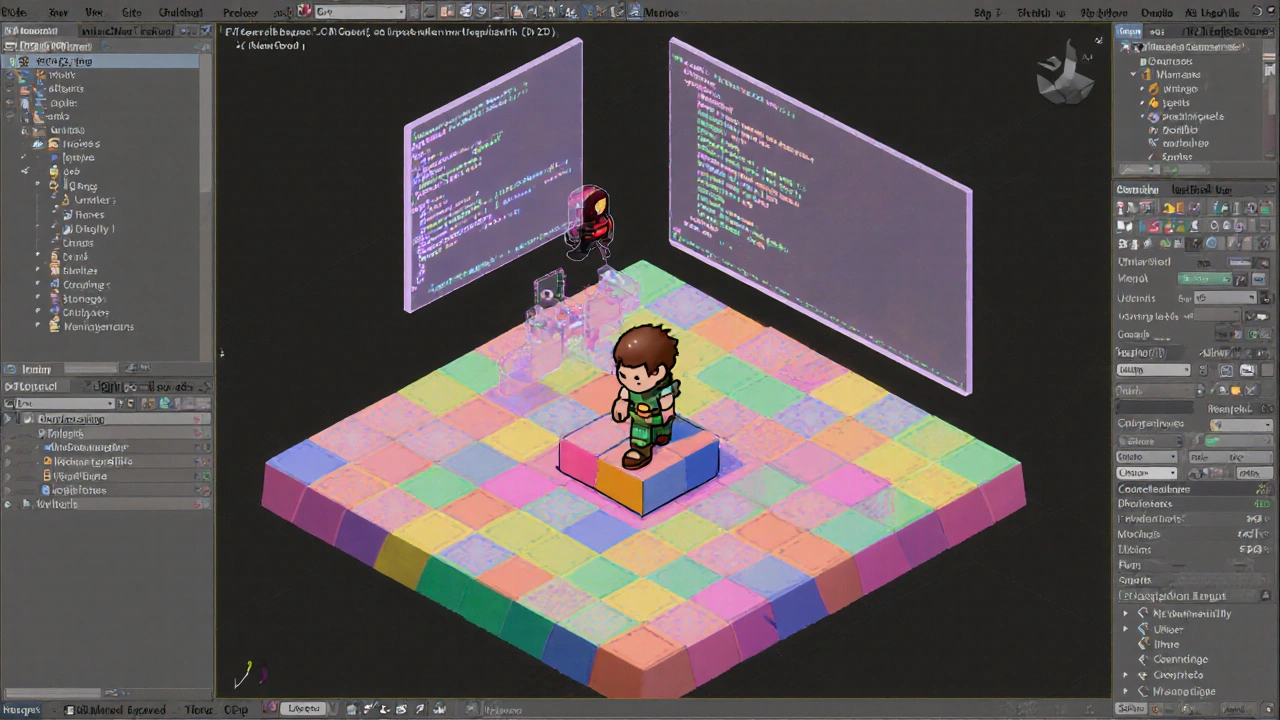 Isometric view of a 2D platformer level with player, enemy, and glowing code panels.