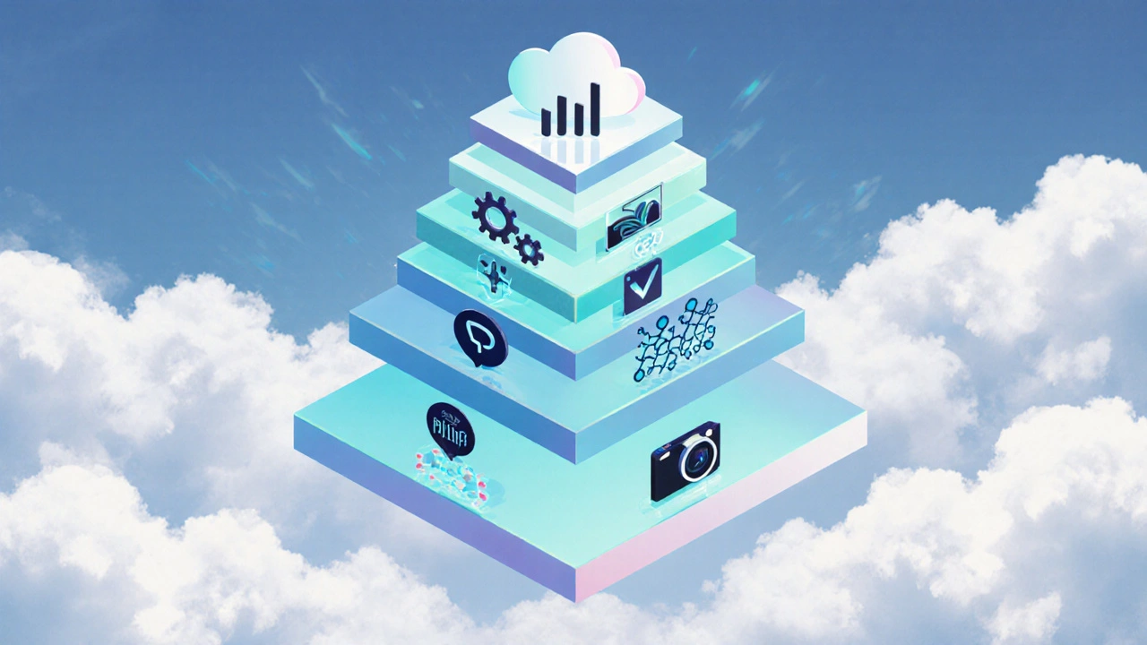 Layered illustration of AI technology stack from data science to computer vision.