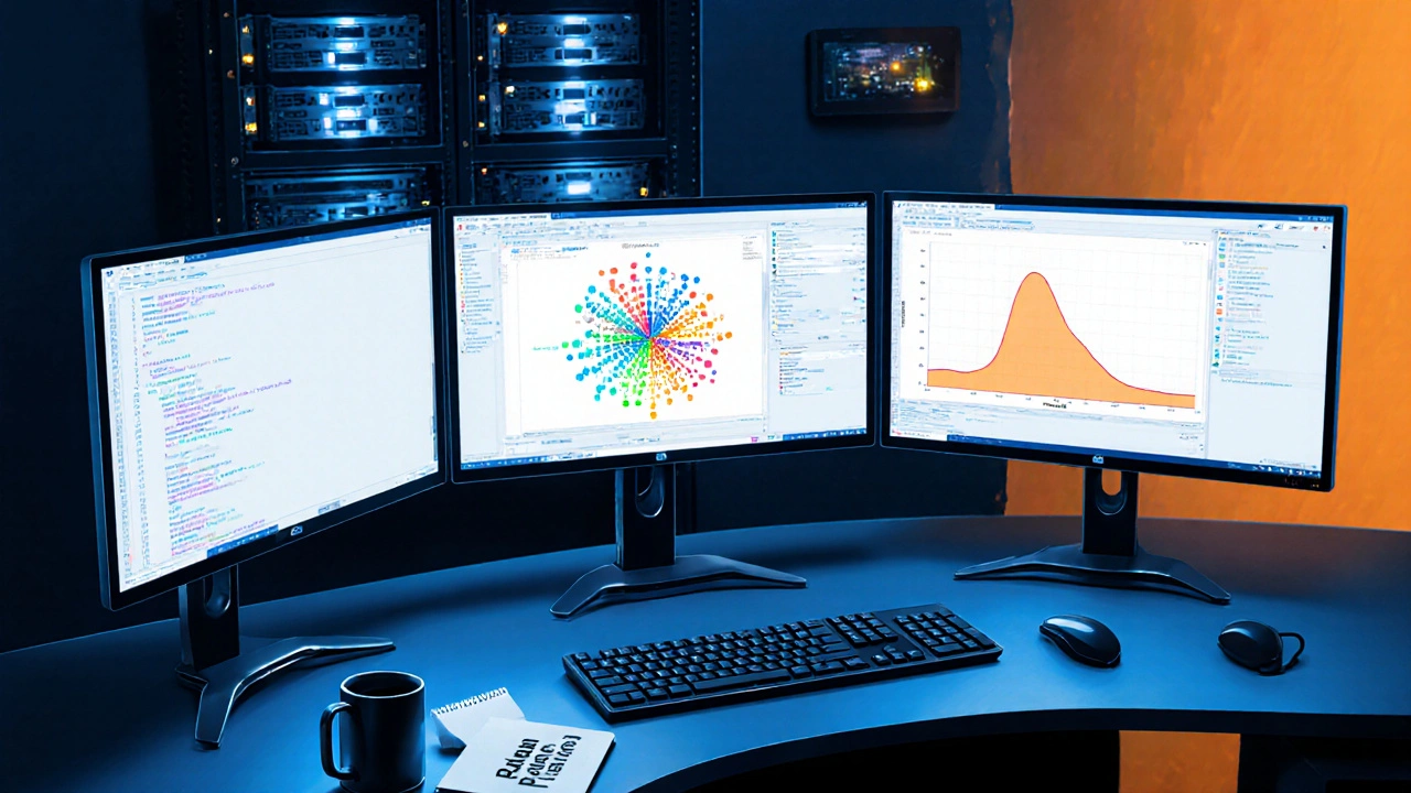 Modern workstation with multiple screens displaying AI frameworks and code.