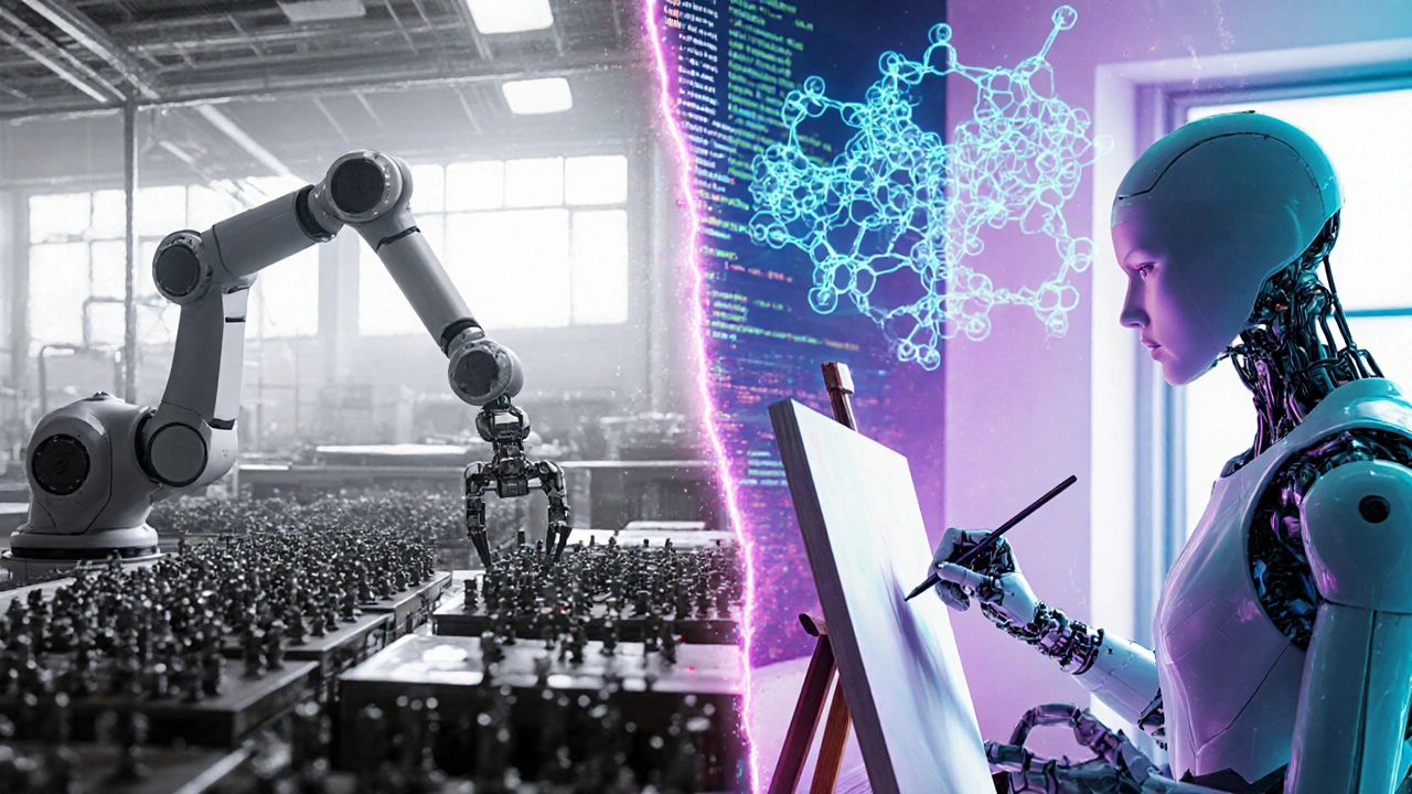 Split scene: robot arm assembling parts vs humanoid AGI creating art, code, and science.