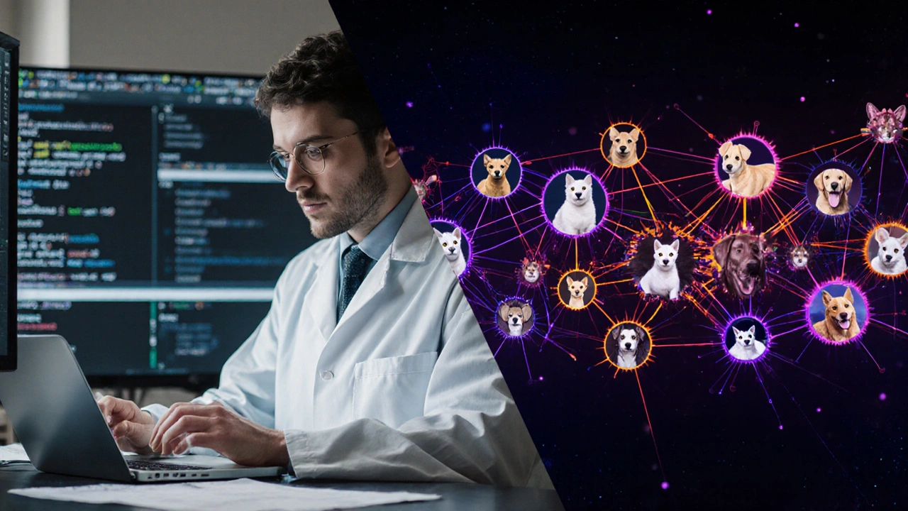 Split view of data analysis and neural network processing AI patterns.