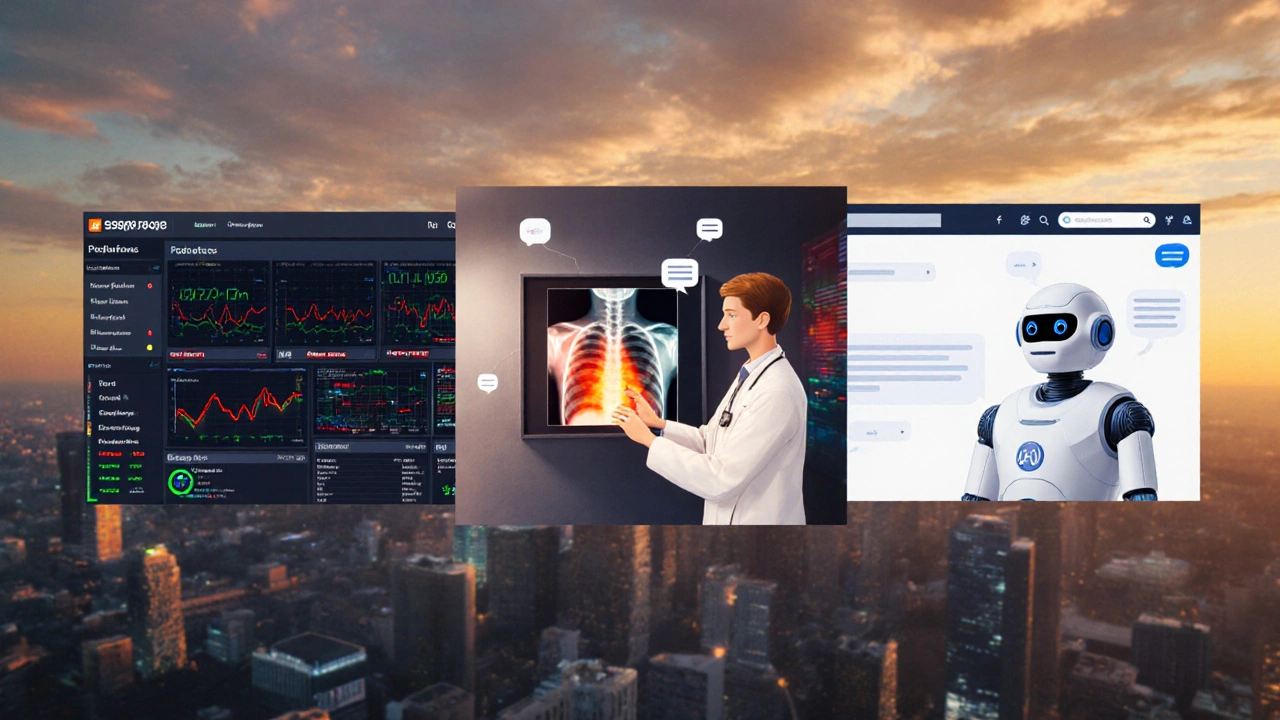 Three scenes showing AI in fintech fraud detection, medical imaging, and e‑commerce chat.