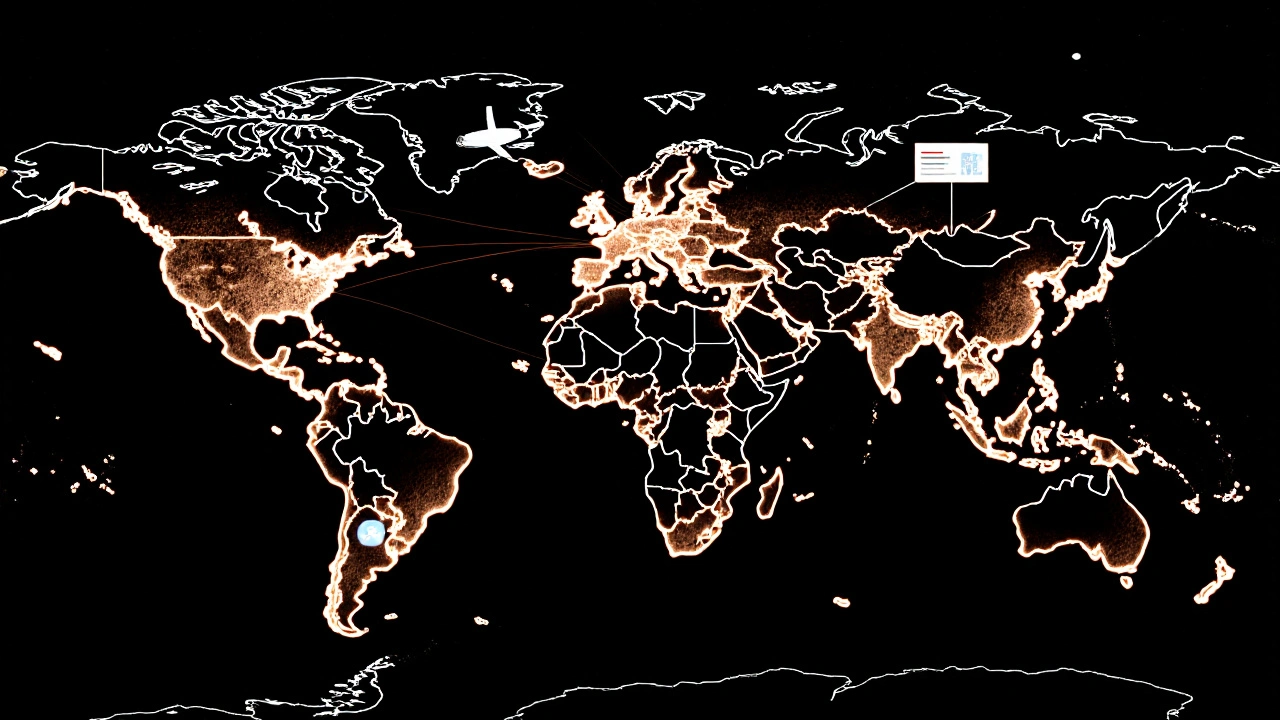 A global network of AGI systems connecting agriculture, shipping, healthcare, and finance through radiant neural pathways.