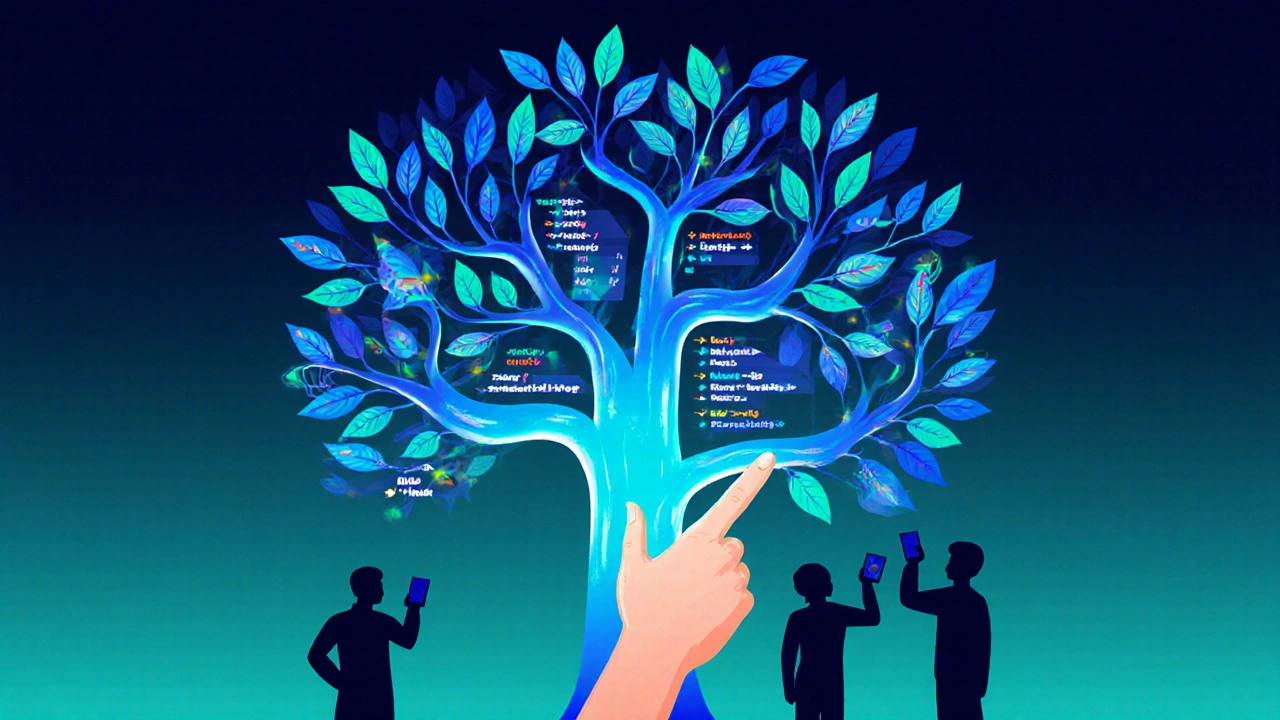 A glowing code tree representing open-source contributions with a hand refining a function.