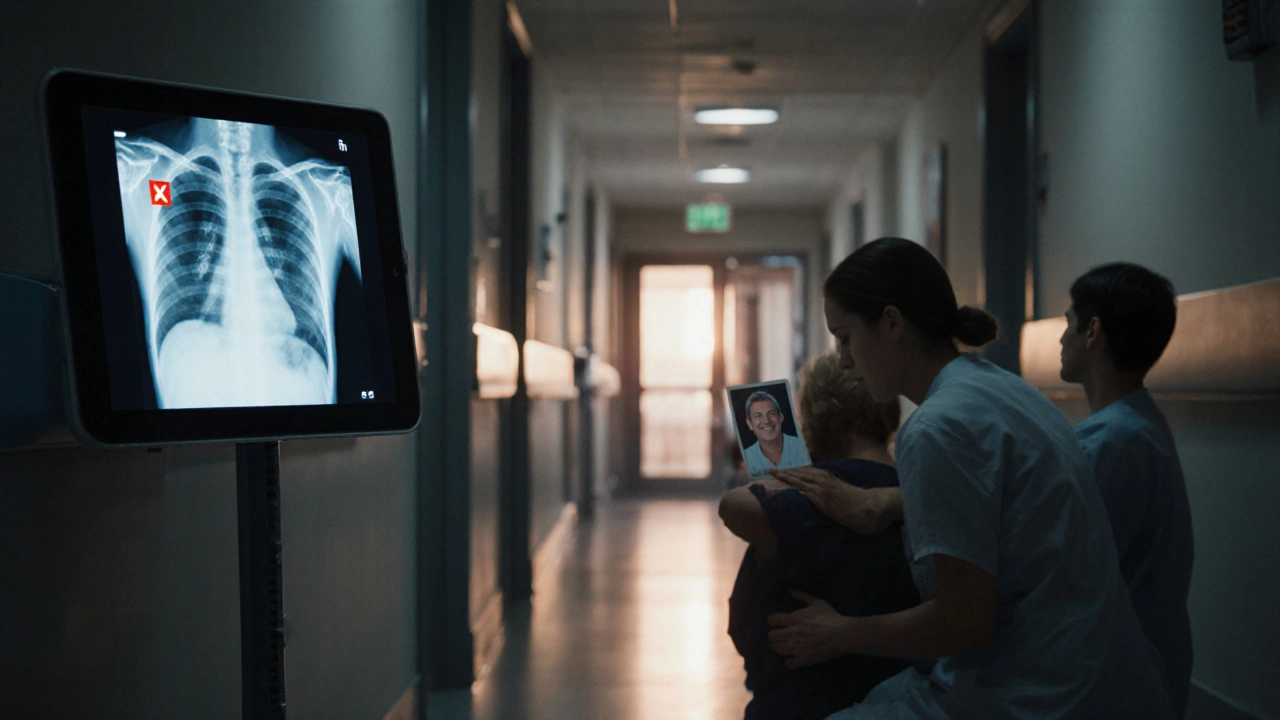 A nurse comforting a family at night as an AI screen glows nearby in a hospital hallway.