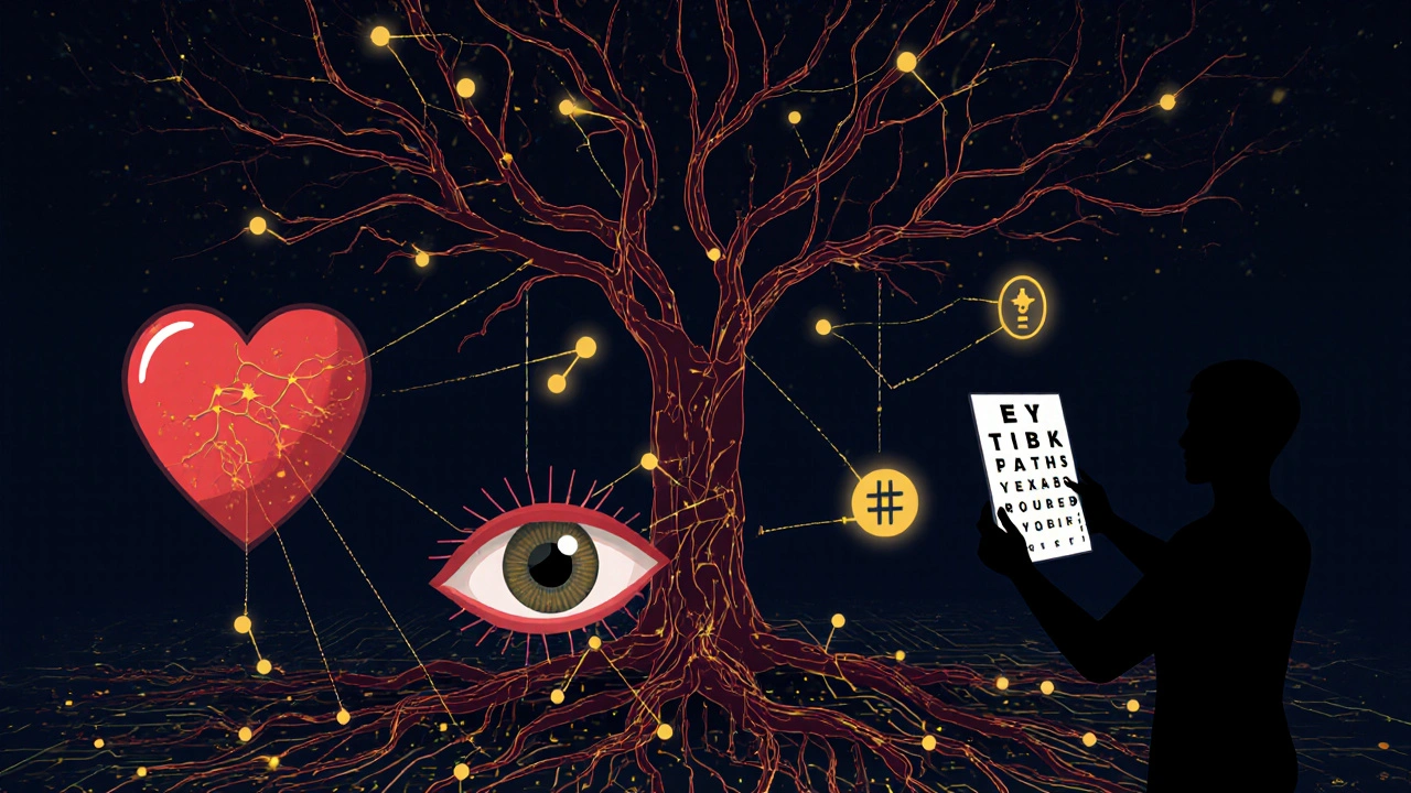 AI analyzing retinal blood vessels to predict heart disease risk