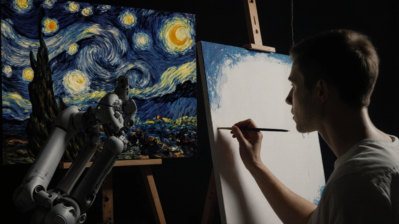 An artist painting beside a robot, one creating from emotion, the other from algorithms, in a dim studio.