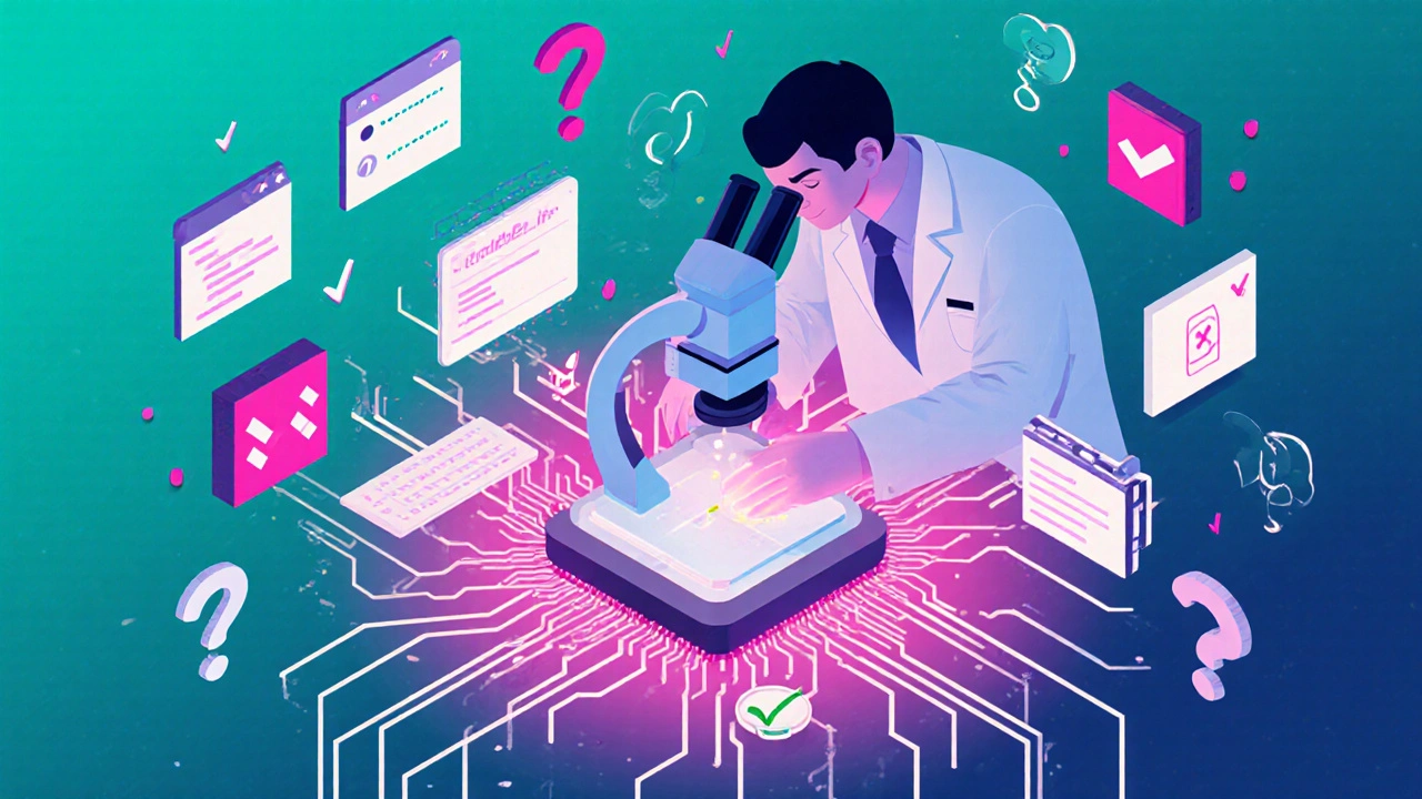 Detective examining a circuit board like a patient, with error logs and breakpoints as diagnostic tools.