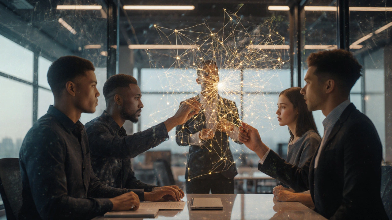 Developers collaborating with a floating AGI co-pilot that visualizes reasoning chains in real time.