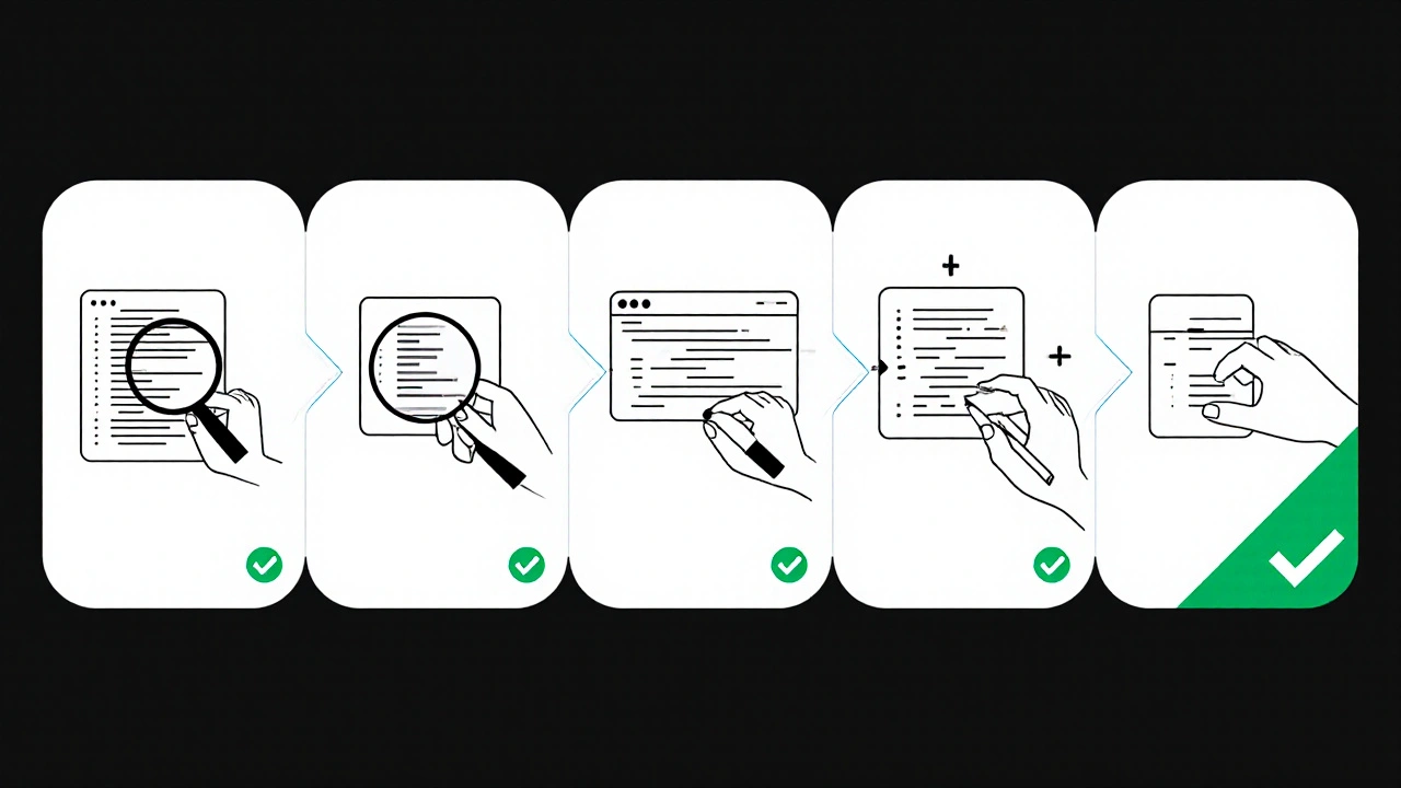 Five-panel diagram showing the step-by-step debugging process with magnifying glass, data arrows, and checkmarks.
