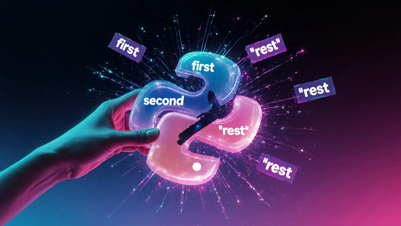 Hand unpacking a glowing tuple into labeled variables with particle trails.