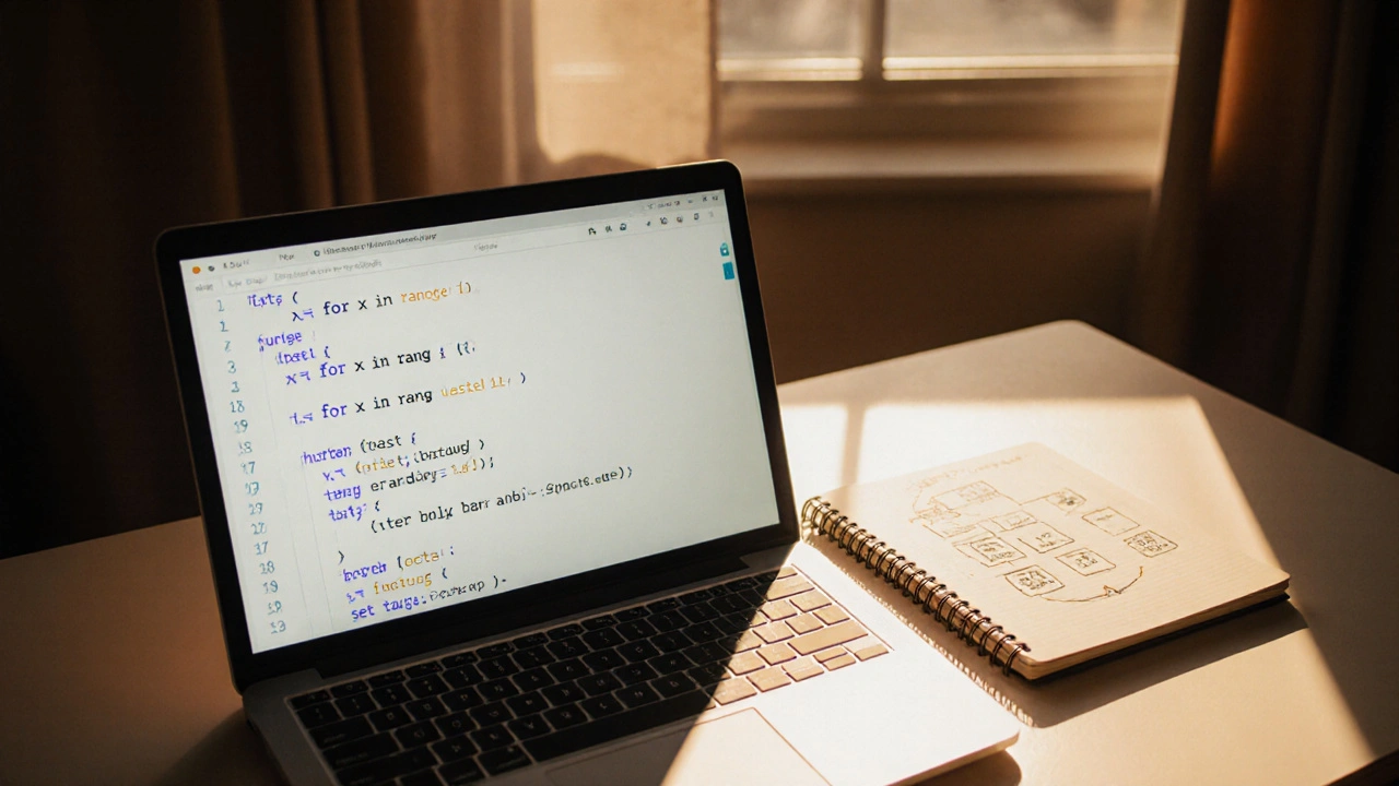 Laptop showing list comprehension on screen beside a hand-drawn hash table diagram in golden light.