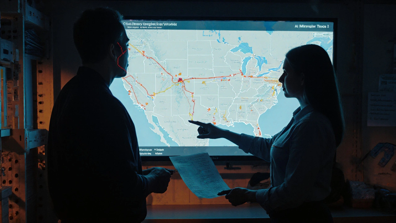 Logistics manager reviewing an AI route map that overlooks rural areas, with declining sales marked on a map.