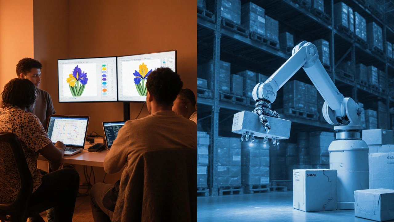 People coding at home alongside AI-powered warehouse robots in a split scene.