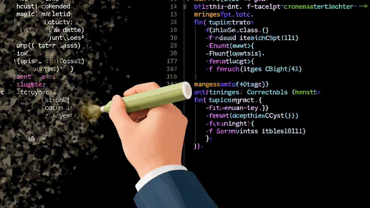 Split-screen comparison of messy vs clean Python code, with a hand erasing the old version.