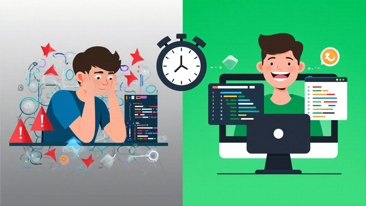 Split-screen showing transformation from chaotic coding to efficient workflow