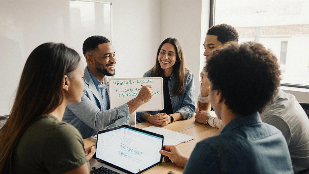 Team in an office sharing AI prompts during a huddle, one person pointing at an improved AI response on a tablet.
