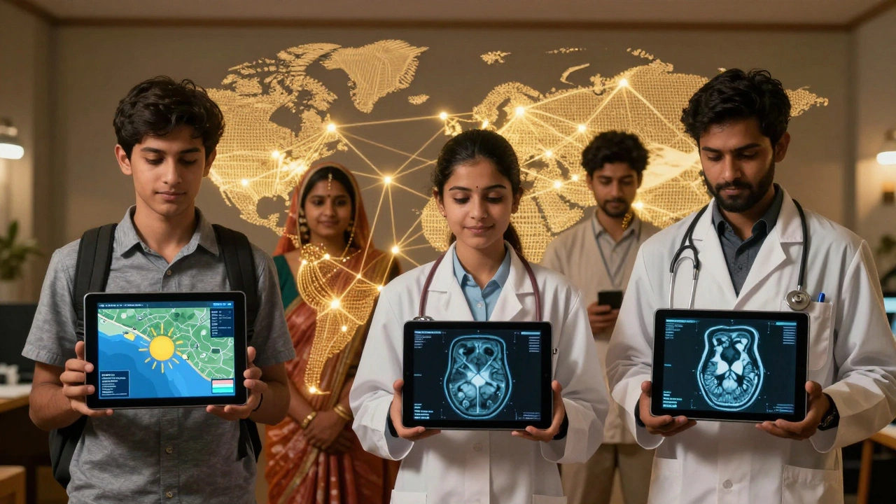 A global network of people using AI tools powered by Python: a student, doctor, and researcher viewing health and weather data on devices.