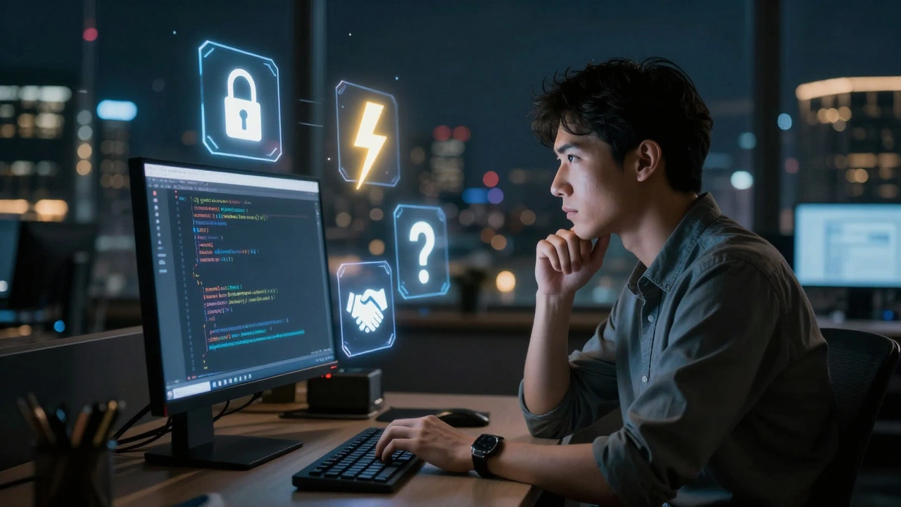 A programmer surrounded by holographic symbols representing security, performance, and critical thinking.
