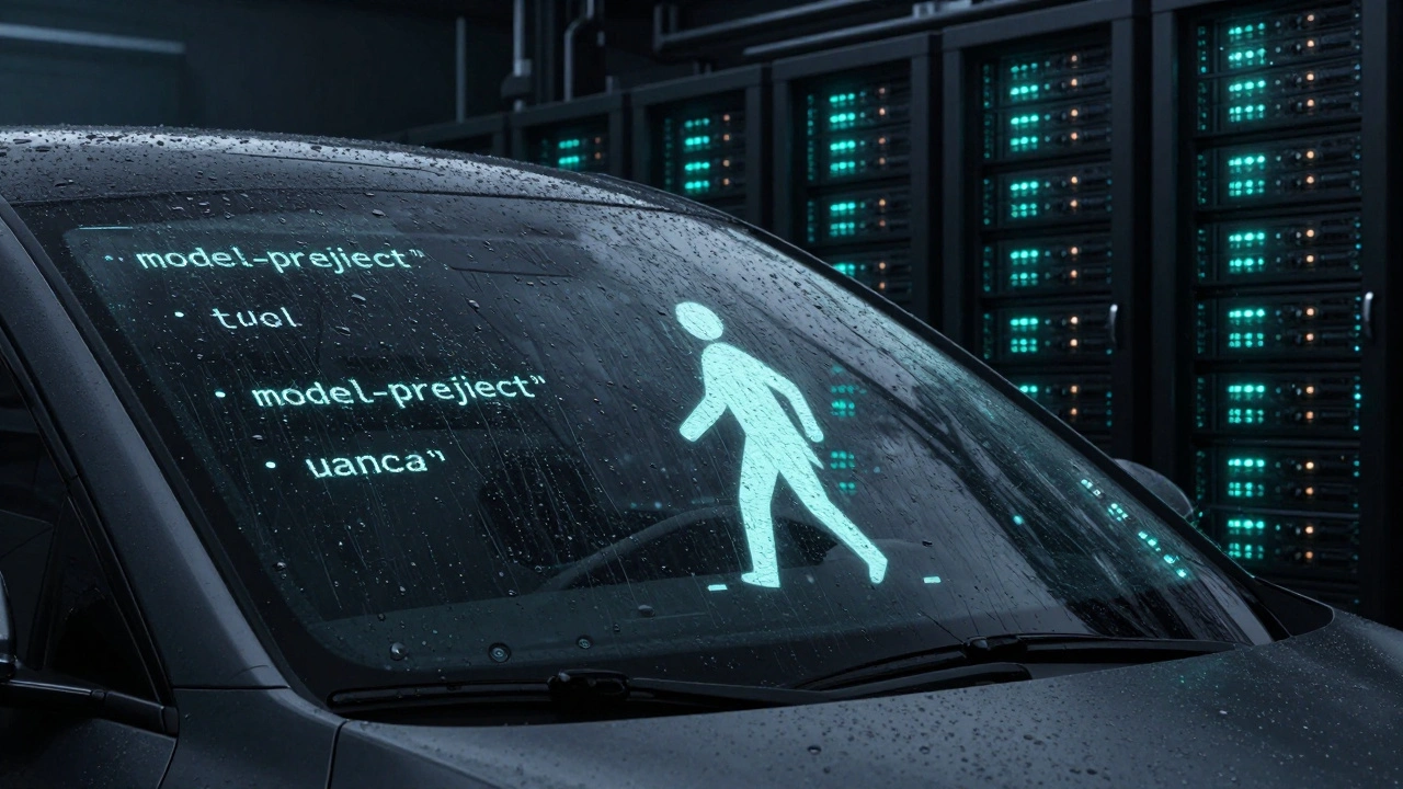 A self-driving car windshield displaying real-time AI detection with flowing Python code, set against a glowing server farm in dark cyberpunk style.