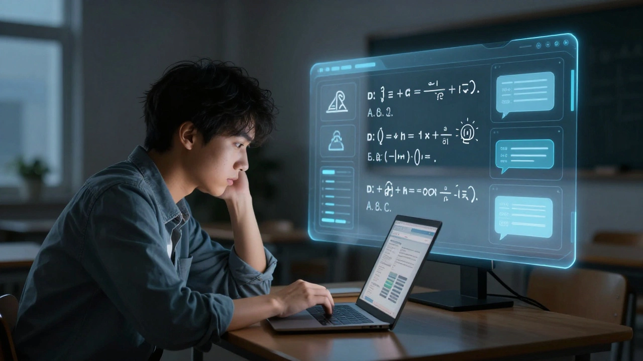 A student receiving real-time AI tutoring late at night, with interactive diagrams guiding them through a math problem.