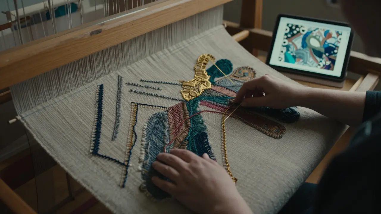 A weaver creating a tapestry with irregular thread textures inspired by historic Scottish tweeds.