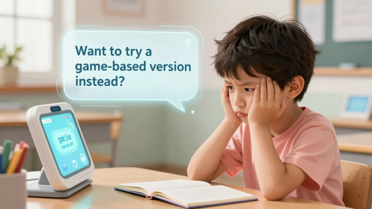 An AI system detecting a child&#039;s frustration and suggesting a game-based learning option to help them continue.