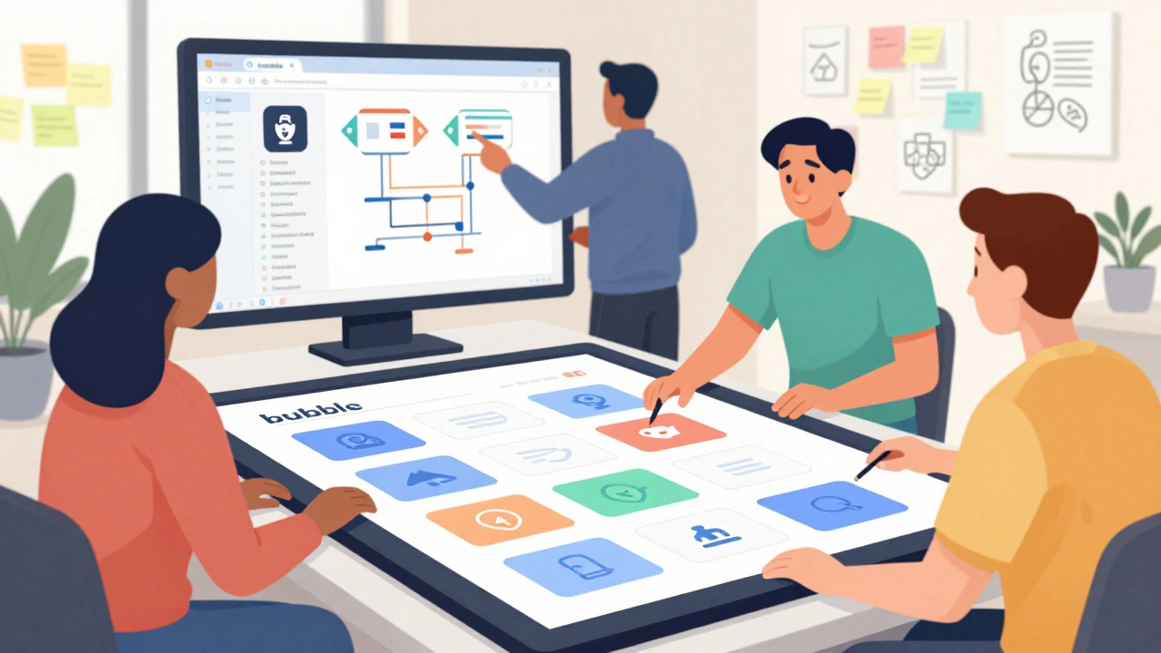 Non-developers collaborate visually on a drag-and-drop app builder while a developer guides them.