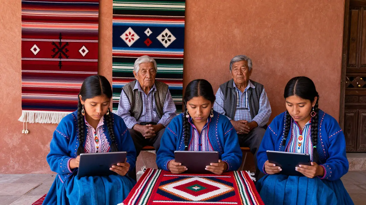 Oaxacan weavers using tablets to generate new rug designs from ancestral patterns.