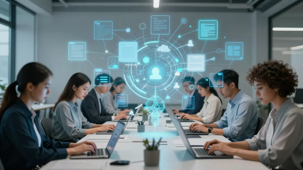 Professionals in a co-working space with floating digital knowledge graphs connecting their work insights and notes.