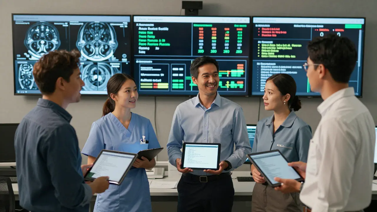 Professionals monitoring AI predictions in a control room with tablets showing code.