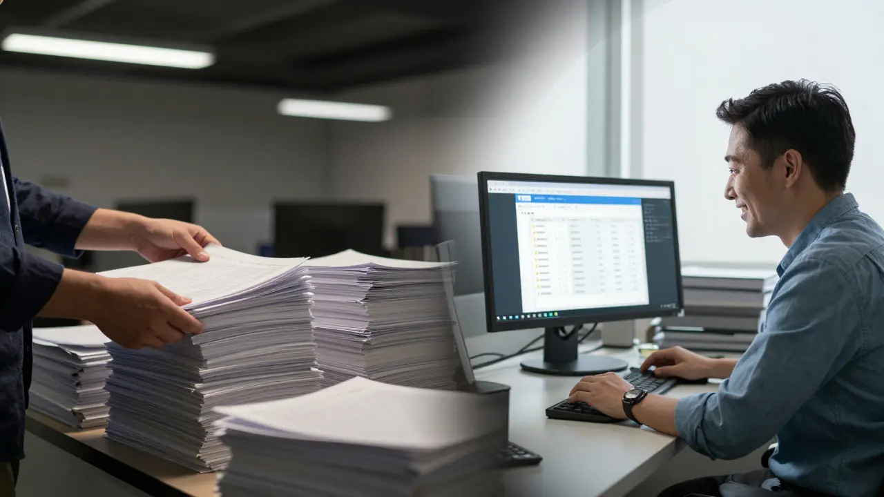 Side-by-side comparison of manual paperwork versus automated digital workflow in an office setting.