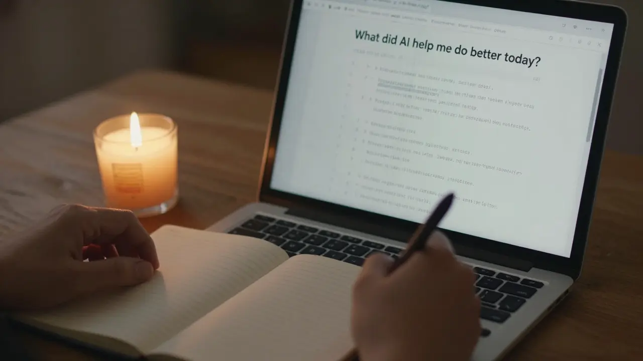 Someone writing a daily AI reflection in a notebook by candlelight, with a subtle digital interface showing prompts in the background.