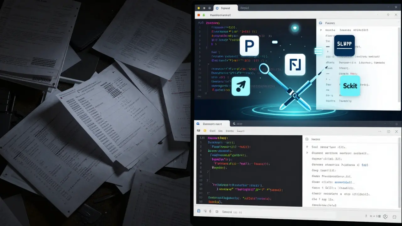 Split-screen showing messy data transforming into clean datasets with AI libraries floating above.