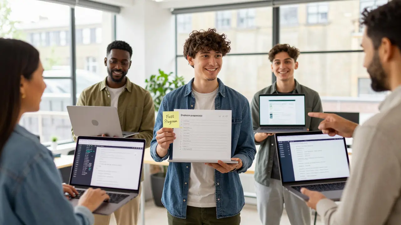 A group of people in a London co-working space celebrating their first Python projects.