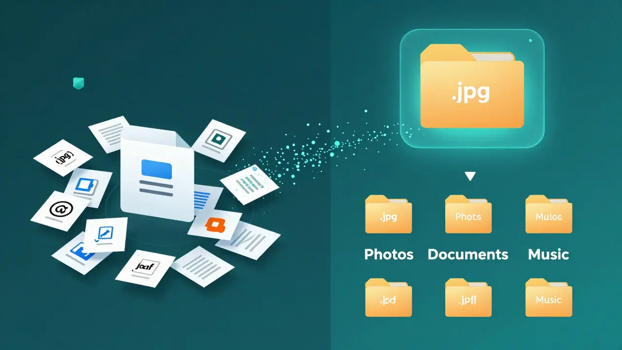 A messy file folder transforming into organized folders via a glowing Python script.