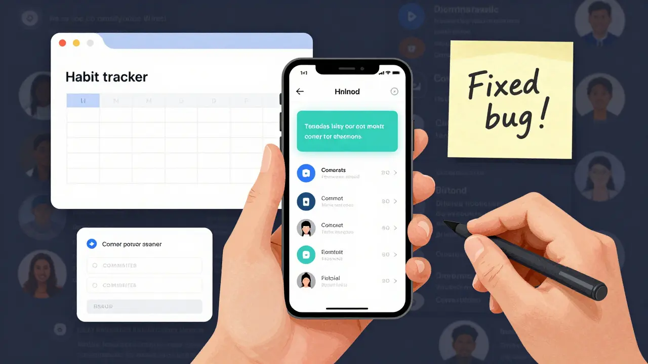 Collage of daily coding achievements: habit tracker, GitHub commits, and sticky note with 'Fixed bug!'