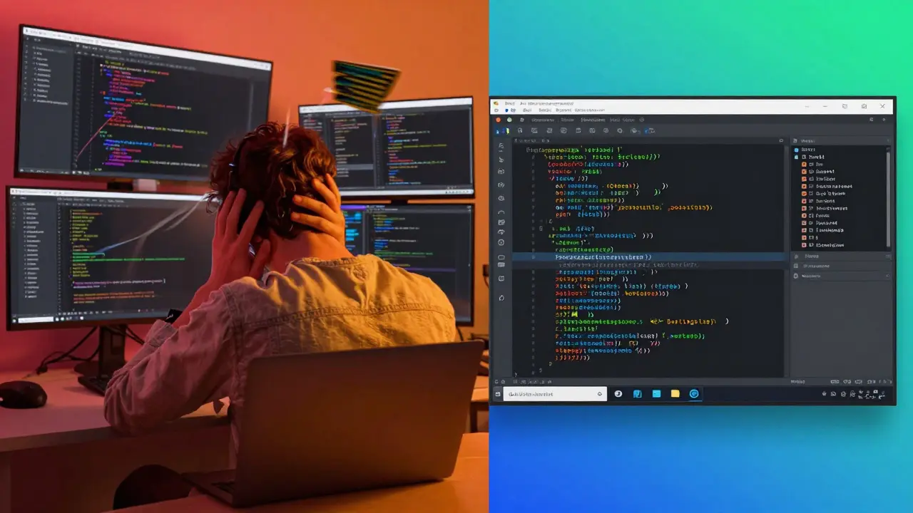 Contrast between chaotic coding and streamlined development using editor shortcuts.