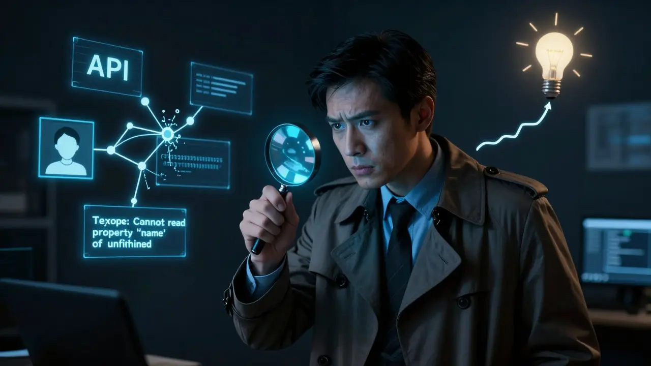 Detective analyzing a JavaScript error with visual clues floating around