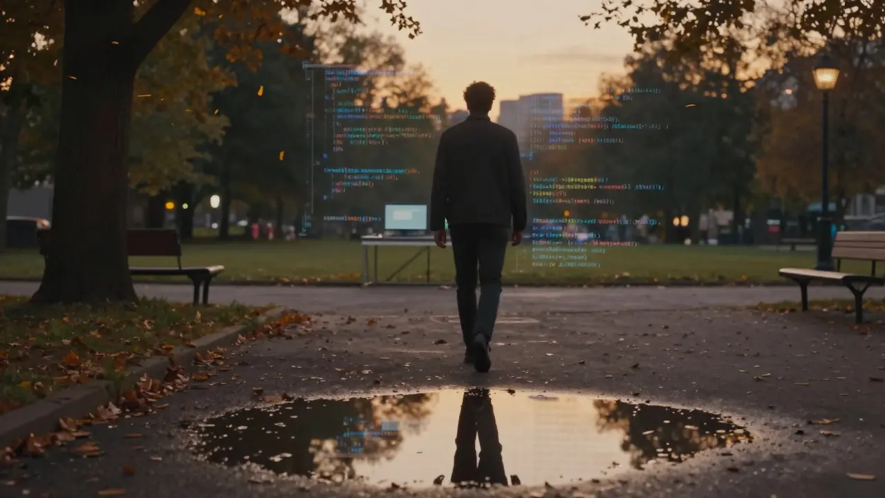 Developer walking away from computer at dusk, code reflections fading in a puddle.