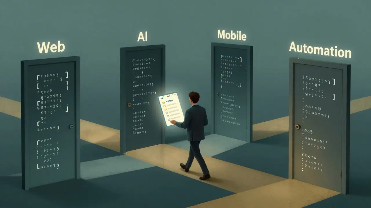 Person choosing a coding path through doors labeled with tech fields, symbols forming the doors.