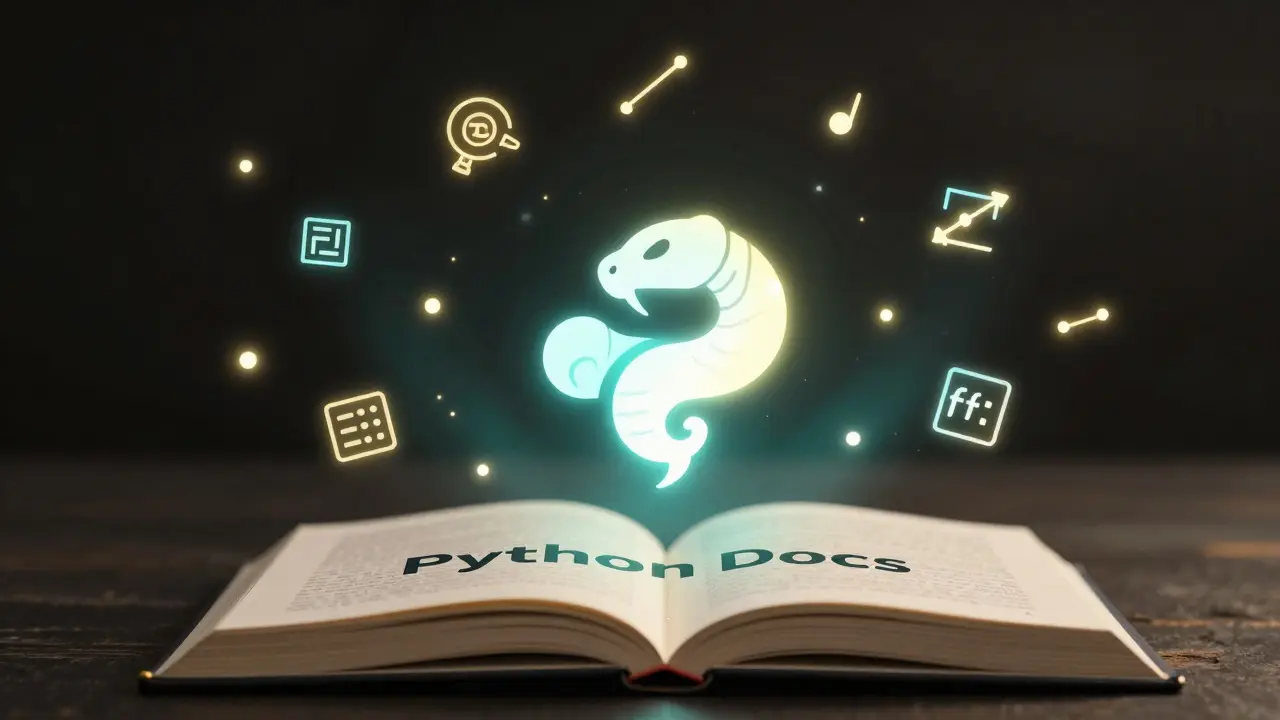 Python logo with coding best practices radiating as icons from an open documentation book.